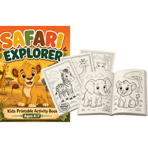 Safari Explorer activity book cover with bonus coloring pages