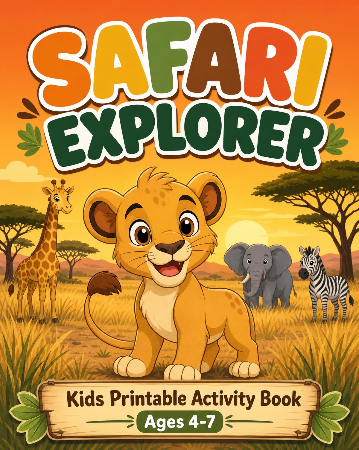 Safari Explorer printable activity book cover with a lion cub on the savanna at sunset